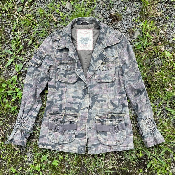 Kama Classics Jackets & Blazers - Y2K Camo Plaid Utility Cargo Light Green Jacket